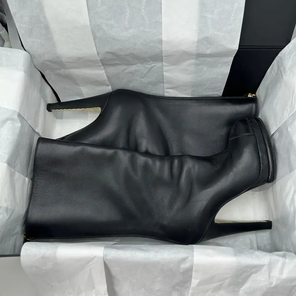 CHANEL Black Leather CC Cap Toe Quilter Platform Heel Boots IT 36